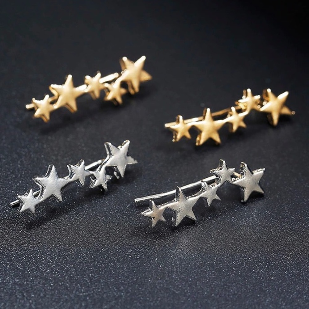 Silver and Gold Star Ear Climber Stud Earrings - Picture 2 of 5